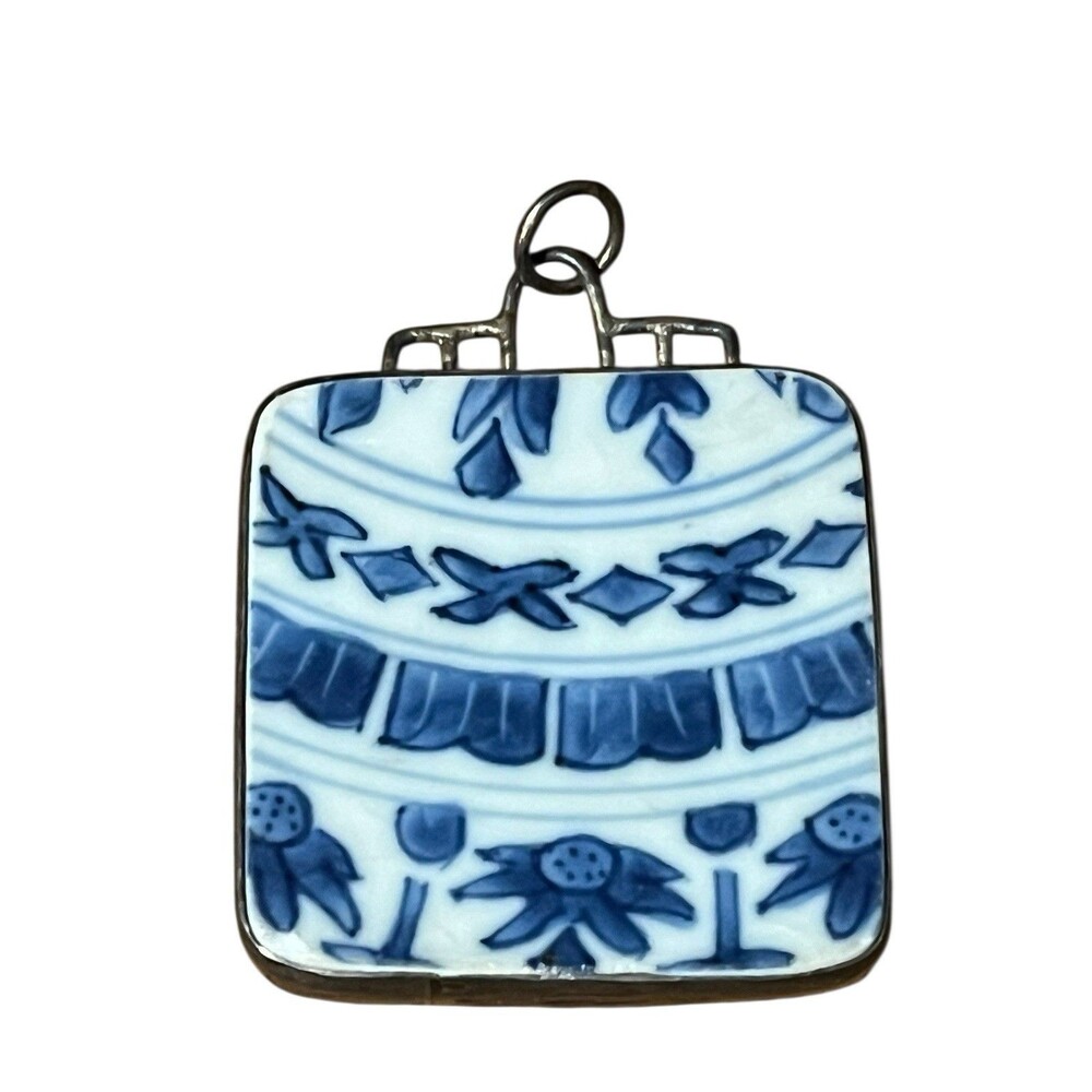 Ming Dynasty  Blue & White Shard Pendant Sterling Chinese